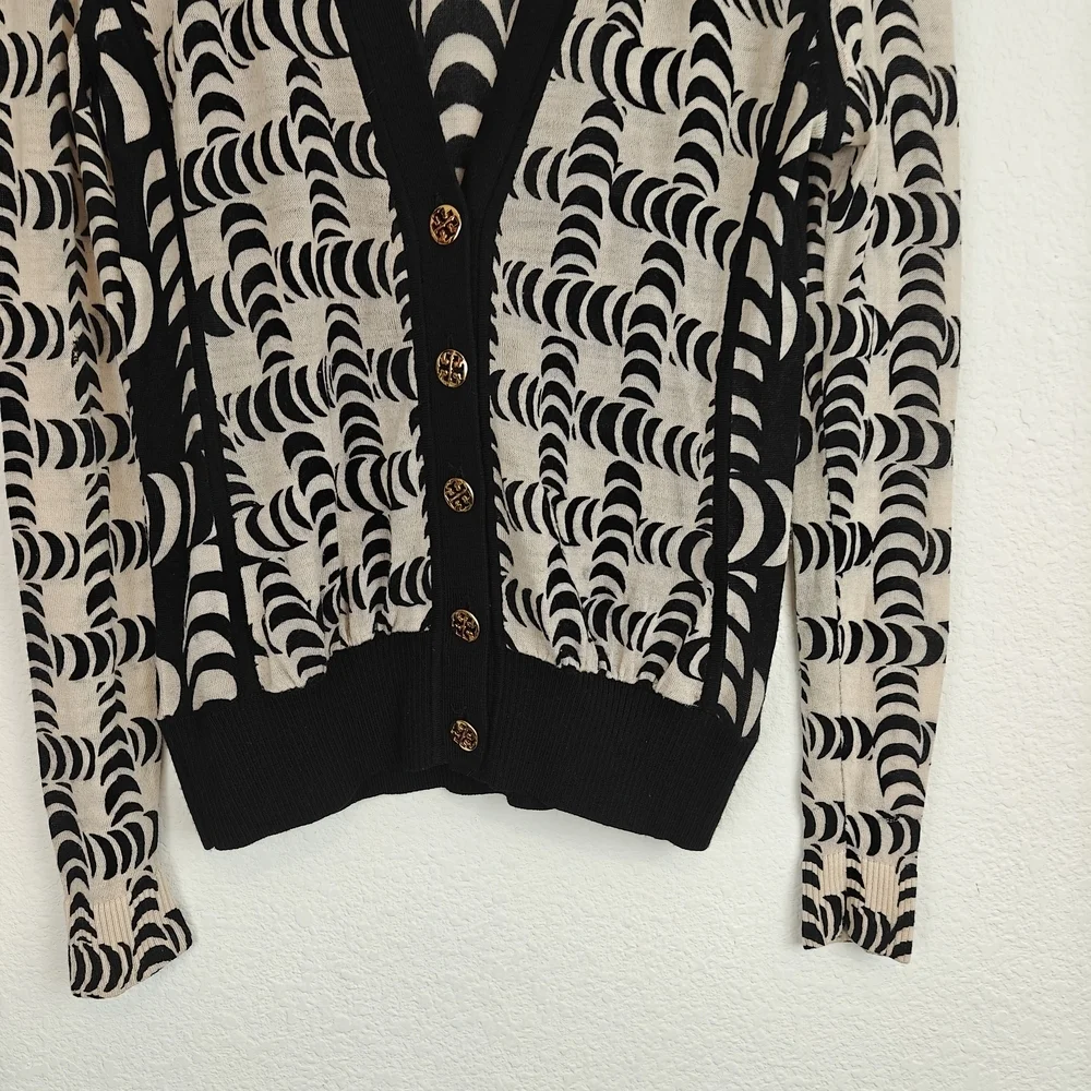Tory Burch Black & Cream Graphic Wool Cardigan XS | Chic Button Front Statement